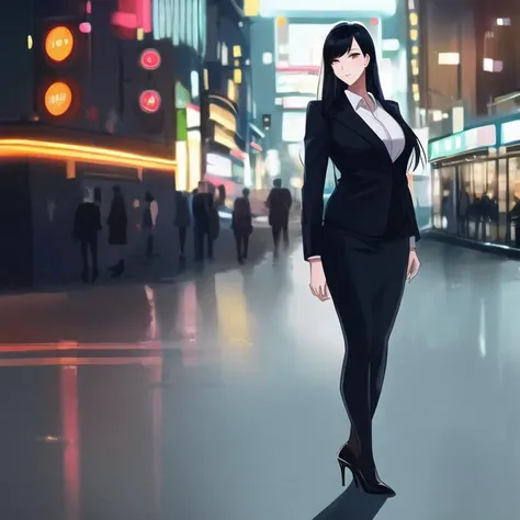 Masterpiece, modern urban style, (((a beautiful lady))) TK_CHAR professional woman, long black hair, sophisticated professional suit, black stockings, high heels, TK_ENV modern metropolis scene, tall buildings, bustling streets, neon lights , high-definition scene details, ultra-high-definition, HDR