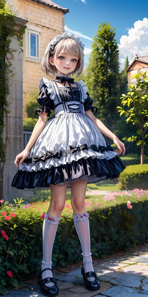 (masterpiece,ultra-detailed,best quality,8K,CG,illustration,shaved:1.0),(petite girl:1.2) <lora:more_details:1>,garden,flower,outdoor,sky,smile
 <lora:maid v1.0:0.5> jyojifuku, frills,ribbon,socks,shoes,bow