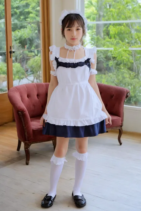 Solo, 1girl, (realistic),(photorealistic:1.2),(skinny body:0.9), (skinny legs:1.1), jyojifuku, frills,apron,socks,shoes, on sofa, big window, upper body,
<lora:maid v1.0:0.7>