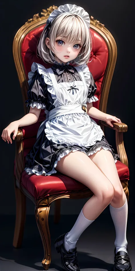 (masterpiece,ultra-detailed,best quality,8K,CG,illustration,shaved:1.0),(petite girl:1.2) <lora:more_details:1>,simple background,
 <lora:maid v1.0:0.5> jyojifuku, frills,socks,shoes,sitting on chair