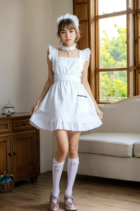 Solo, 1girl, (realistic),(photorealistic:1.2),(skinny body:0.9), (skinny legs:1.1),  jyojifuku, frills,apron, white socks, whiteshoes, on sofa, big window, upper body,
 <lora:maid v1.0:0.7>