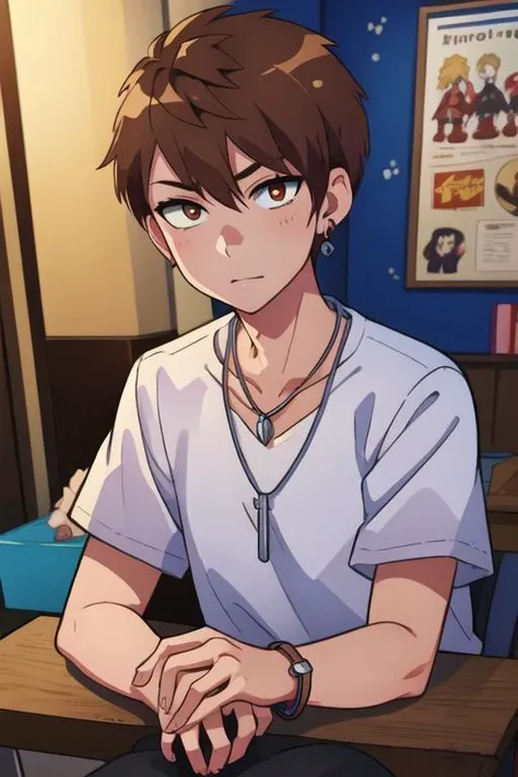 masterpiece, best quality, illustration, 1boy, solo, male focus, looking at viewer, , depth of field, <lora:ryuuya_romantic_killer:0.74>, ryuuya_romantic_killer, brown hair, jewelry, necklace, school uniform,