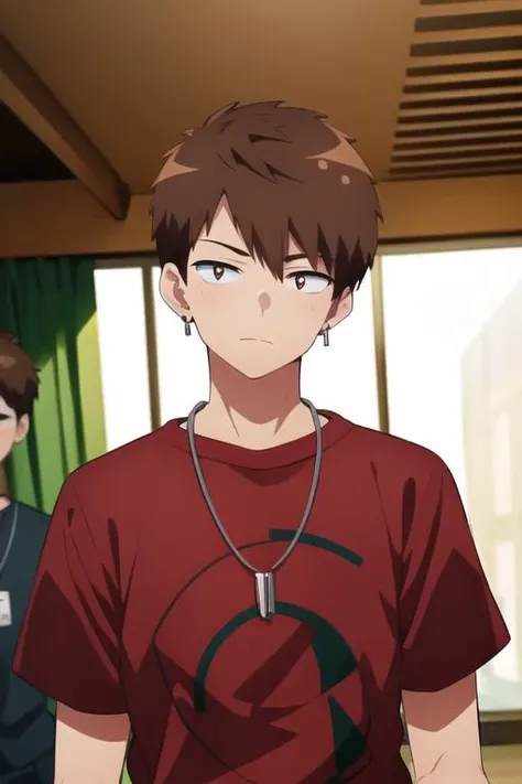 masterpiece, best quality, illustration, 1boy, solo, male focus, looking at viewer, upper body, depth of field, <lora:ryuuya_romantic_killer:0.72>, ryuuya_romantic_killer, brown hair, jewelry, necklace, school uniform,
