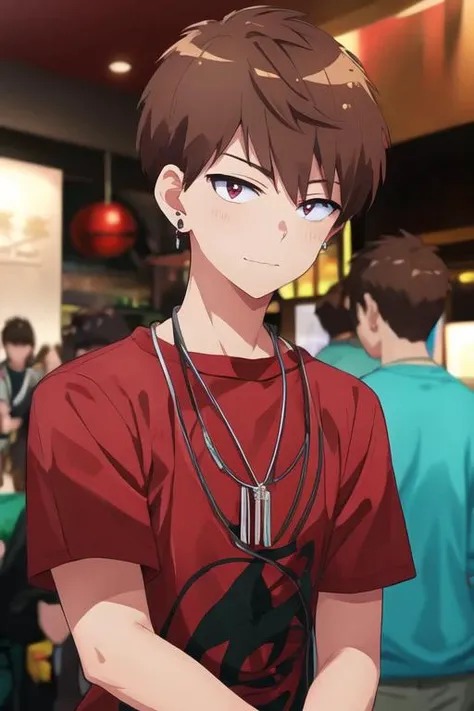 masterpiece, best quality, , 1boy, solo, male focus, looking at viewer, upper body, depth of field, <lora:ryuuya_romantic_killer:0.72>, ryuuya_romantic_killer, brown hair, jewelry, necklace, shirt,