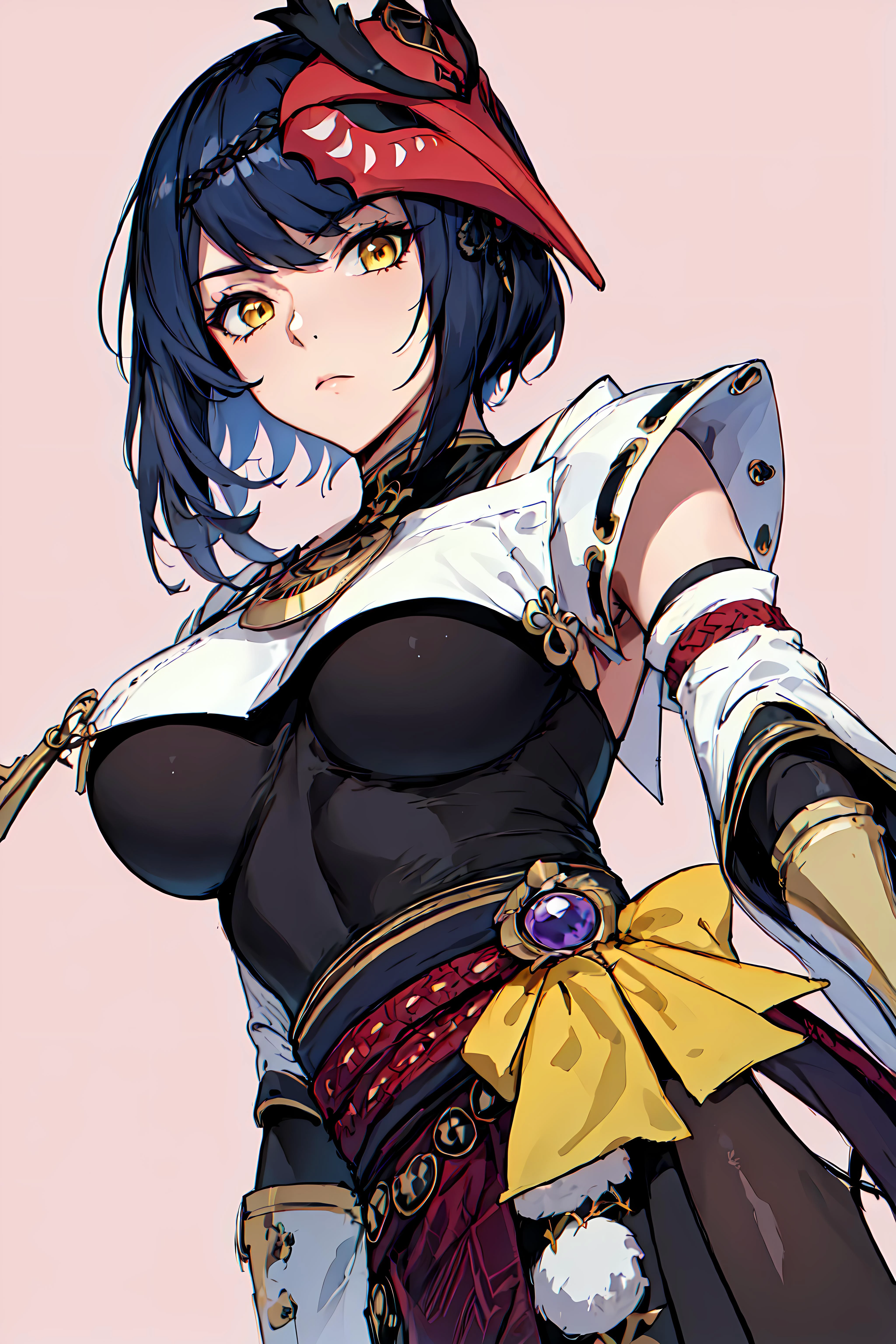 best quality, extremely detailed, anime style, key visual,
8k, high res,
<lora:hews style by goofy ai:0.4> <lora:cutesexyrobutts_v2:0.2> <lora:puuzaki-puuna-lora-v1:0.2> <lora:Maki Yoko_20230823184820:0.2>
<lora:Kenshin187:0.>
<lora:Round_Breasts_V7:0.4>ROUND BREASTS, medium BREASTS
(simple background,:1.3)
1girl, (slender:1.2), waist, (muscular:0.6),
<lora:Character_kujou sara_Heavy:0.9>
kujou sara, bird mask, yellow eyes, solo, mask, short hair, mask on head, breasts, black hair, detached sleeves, looking at viewer, large breasts, black bodysuit,japanese clothes, bangs, bodysuit, closed mouth
standing , sexy pose, watching at viewer,
dutch angle, below shot, low angle short,
fearless face, watching at viewer
holding fan