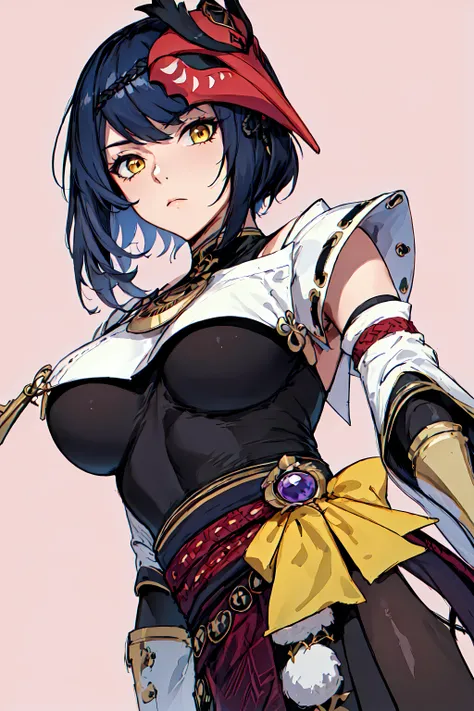 best quality, extremely detailed, anime style, key visual,
8k, high res,
<lora:hews style by goofy ai:0.4> <lora:cutesexyrobutts_v2:0.2> <lora:puuzaki-puuna-lora-v1:0.2> <lora:Maki Yoko_20230823184820:0.2>
<lora:Kenshin187:0.>
<lora:Round_Breasts_V7:0.4>ROUND BREASTS, medium BREASTS
(simple background,:1.3)
1girl, (slender:1.2), waist, (muscular:0.6),
<lora:Character_kujou sara_Heavy:0.9>
kujou sara, bird mask, yellow eyes, solo, mask, short hair, mask on head, breasts, black hair, detached sleeves, looking at viewer, large breasts, black bodysuit,japanese clothes, bangs, bodysuit, closed mouth
standing , sexy pose, watching at viewer,
dutch angle, below shot, low angle short,
fearless face, watching at viewer
holding fan