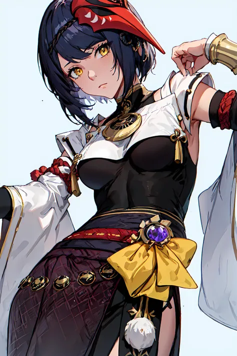 best quality, extremely detailed, anime style, key visual,
8k, high res,
<lora:hews style by goofy ai:0.4> <lora:cutesexyrobutts_v2:0.2> <lora:puuzaki-puuna-lora-v1:0.2> <lora:Maki Yoko_20230823184820:0.2>
<lora:Kenshin187:0.>
<lora:Round_Breasts_V7:0.4>ROUND BREASTS, medium BREASTS
(simple background,:1.3)
1girl, (slender:1.2), waist, (muscular:0.6),
<lora:Character_kujou sara_Heavy:0.9>
kujou sara, bird mask, yellow eyes, solo, mask, short hair, mask on head, breasts, black hair, detached sleeves, looking at viewer, large breasts, black bodysuit,japanese clothes, bangs, bodysuit, closed mouth
standing , sexy pose, watching at viewer,
dutch angle, below shot, low angle short,
fearless face, watching at viewer
holding fan