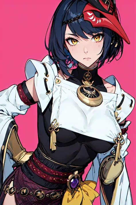 best quality, extremely detailed, anime style, key visual,
8k, high res,
<lora:hews style by goofy ai:0.4> <lora:cutesexyrobutts_v2:0.2> <lora:puuzaki-puuna-lora-v1:0.2> <lora:Maki Yoko_20230823184820:0.2>
<lora:Kenshin187:0.>
<lora:Round_Breasts_V7:0.4>ROUND BREASTS, medium BREASTS
(simple background,:1.3)
1girl, (slender:1.2), waist, (muscular:0.6),
<lora:Character_kujou sara_Heavy:0.9>
kujou sara, bird mask, yellow eyes, solo, mask, short hair, mask on head, breasts, black hair, detached sleeves, looking at viewer, large breasts, black bodysuit,japanese clothes, bangs, bodysuit, closed mouth
standing , sexy pose, watching at viewer,
dutch angle, below shot, low angle short,
fearless face, watching at viewer
holding fan