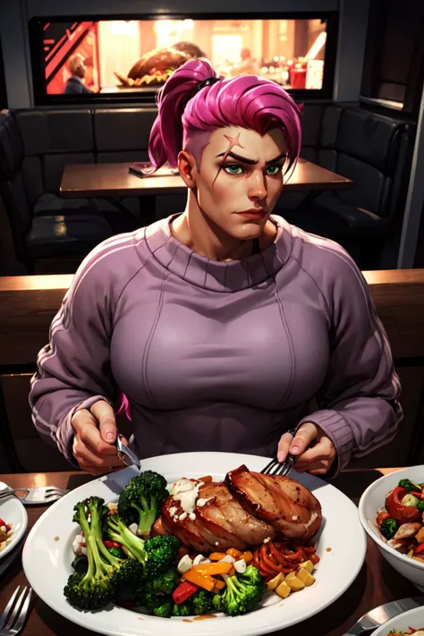 very big power house muscle woman big biceps eats food