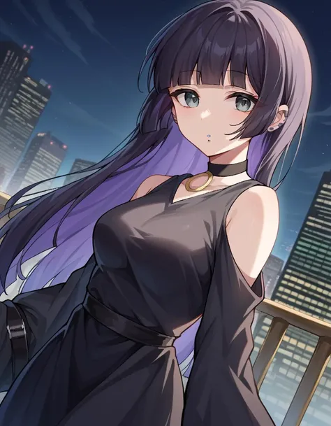 score_9, score_8_up, score_7_up, source_anime,
pasan, <lora:pa-san-ponyxl-lora-nochekaiser:1>,
pasan, black hair, blunt bangs, blunt ends, chin piercing, colored inner hair, ear piercing, grey eyes, hime cut, long hair, medium bangs, multicolored hair, piercing, purple hair, mature female,
bare shoulders, black choker, black dress, black sleeves, choker, clothing cutout, detached sleeves, dress, gothic, shoulder cutout, sleeves past fingers, sleeves past wrists, very long sleeves,
outdoors, cityscape,
looking at viewer, cowboy shot, dutch angle,