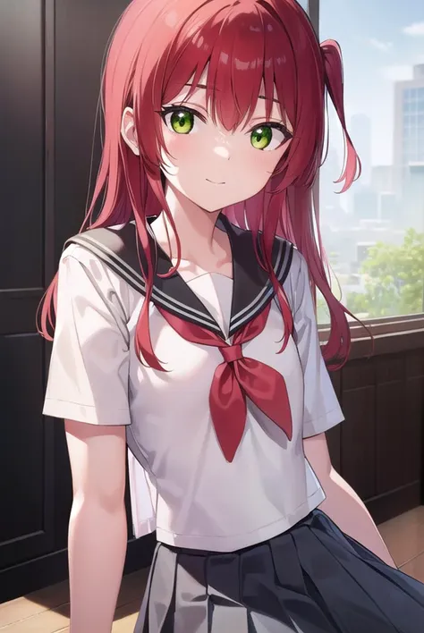 kitaikuyo, <lyco:ikuyokita-lyco-nochekaiser:1>, 
ikuyo kita, (green eyes:1.5), hair between eyes, long hair, one side up, red hair, (flat chest:1.2), smile,
BREAK black footwear, black skirt, grey sailor collar, pleated skirt, sailor collar, school uniform, shoes, short sleeves, shuka high school uniform, skirt,
BREAK indoors, classroom,
BREAK looking at viewer, (cowboy shot:1.5),
BREAK <lyco:GoodHands-beta2:1>, (masterpiece:1.2), best quality, high resolution, unity 8k wallpaper, (illustration:0.8), (beautiful detailed eyes:1.6), extremely detailed face, perfect lighting, extremely detailed CG, (perfect hands, perfect anatomy),