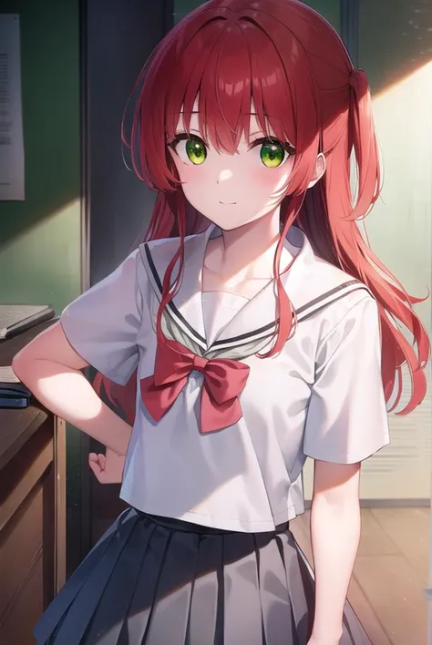 kitaikuyo, <lyco:ikuyokita-lyco-nochekaiser:1>, 
ikuyo kita, (green eyes:1.5), hair between eyes, long hair, one side up, red hair, (flat chest:1.2), smile,
BREAK black footwear, black skirt, grey sailor collar, pleated skirt, sailor collar, school uniform, shoes, short sleeves, shuka high school uniform, skirt,
BREAK indoors, classroom,
BREAK looking at viewer, (cowboy shot:1.5),
BREAK <lyco:GoodHands-beta2:1>, (masterpiece:1.2), best quality, high resolution, unity 8k wallpaper, (illustration:0.8), (beautiful detailed eyes:1.6), extremely detailed face, perfect lighting, extremely detailed CG, (perfect hands, perfect anatomy),