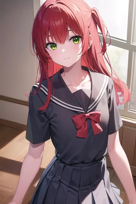 kitaikuyo, <lyco:ikuyokita-lyco-nochekaiser:1>, 
ikuyo kita, (green eyes:1.5), hair between eyes, long hair, one side up, red hair, (flat chest:1.2), smile,
BREAK black footwear, black skirt, grey sailor collar, pleated skirt, sailor collar, school uniform, shoes, short sleeves, shuka high school uniform, skirt,
BREAK indoors, classroom,
BREAK looking at viewer, (cowboy shot:1.5),
BREAK <lyco:GoodHands-beta2:1>, (masterpiece:1.2), best quality, high resolution, unity 8k wallpaper, (illustration:0.8), (beautiful detailed eyes:1.6), extremely detailed face, perfect lighting, extremely detailed CG, (perfect hands, perfect anatomy),