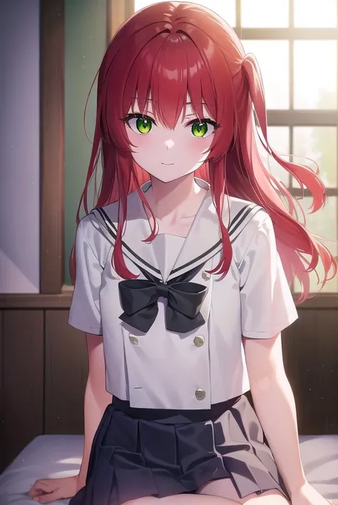 kitaikuyo, <lyco:ikuyokita-lyco-nochekaiser:1>, 
ikuyo kita, (green eyes:1.5), hair between eyes, long hair, one side up, red hair, (flat chest:1.2), smile,
BREAK black footwear, black skirt, grey sailor collar, pleated skirt, sailor collar, school uniform, shoes, short sleeves, shuka high school uniform, skirt,
BREAK indoors, classroom,
BREAK looking at viewer, (cowboy shot:1.5),
BREAK <lyco:GoodHands-beta2:1>, (masterpiece:1.2), best quality, high resolution, unity 8k wallpaper, (illustration:0.8), (beautiful detailed eyes:1.6), extremely detailed face, perfect lighting, extremely detailed CG, (perfect hands, perfect anatomy),