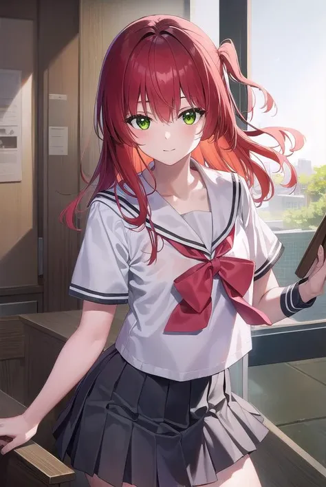 kitaikuyo, <lyco:ikuyokita-lyco-nochekaiser:1>, 
ikuyo kita, (green eyes:1.5), hair between eyes, long hair, one side up, red hair, (flat chest:1.2), smile,
BREAK black footwear, black skirt, grey sailor collar, pleated skirt, sailor collar, school uniform, shoes, short sleeves, shuka high school uniform, skirt,
BREAK indoors, classroom,
BREAK looking at viewer, (cowboy shot:1.5),
BREAK <lyco:GoodHands-beta2:1>, (masterpiece:1.2), best quality, high resolution, unity 8k wallpaper, (illustration:0.8), (beautiful detailed eyes:1.6), extremely detailed face, perfect lighting, extremely detailed CG, (perfect hands, perfect anatomy),