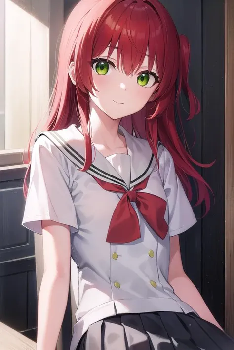 kitaikuyo, <lyco:ikuyokita-lyco-nochekaiser:1>, 
ikuyo kita, (green eyes:1.5), hair between eyes, long hair, one side up, red hair, (flat chest:1.2), smile,
BREAK black footwear, black skirt, grey sailor collar, pleated skirt, sailor collar, school uniform, shoes, short sleeves, shuka high school uniform, skirt,
BREAK indoors, classroom,
BREAK looking at viewer, (cowboy shot:1.5),
BREAK <lyco:GoodHands-beta2:1>, (masterpiece:1.2), best quality, high resolution, unity 8k wallpaper, (illustration:0.8), (beautiful detailed eyes:1.6), extremely detailed face, perfect lighting, extremely detailed CG, (perfect hands, perfect anatomy),