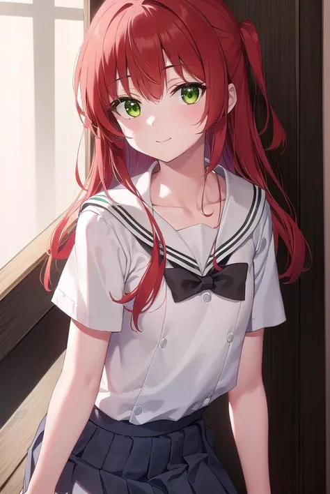 kitaikuyo, <lyco:ikuyokita-lyco-nochekaiser:1>, 
ikuyo kita, (green eyes:1.5), hair between eyes, long hair, one side up, red hair, (flat chest:1.2), smile,
BREAK black footwear, black skirt, grey sailor collar, pleated skirt, sailor collar, school uniform, shoes, short sleeves, shuka high school uniform, skirt,
BREAK indoors, classroom,
BREAK looking at viewer, (cowboy shot:1.5),
BREAK <lyco:GoodHands-beta2:1>, (masterpiece:1.2), best quality, high resolution, unity 8k wallpaper, (illustration:0.8), (beautiful detailed eyes:1.6), extremely detailed face, perfect lighting, extremely detailed CG, (perfect hands, perfect anatomy),