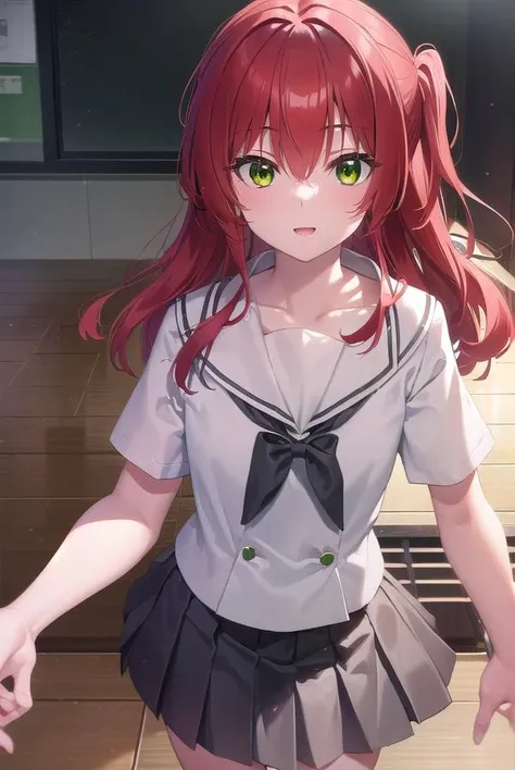 kitaikuyo, <lyco:ikuyokita-lyco-nochekaiser:1>, 
ikuyo kita, (green eyes:1.5), hair between eyes, long hair, one side up, red hair, (flat chest:1.2), smile,
BREAK black footwear, black skirt, grey sailor collar, pleated skirt, sailor collar, school uniform, shoes, short sleeves, shuka high school uniform, skirt,
BREAK indoors, classroom,
BREAK looking at viewer, (cowboy shot:1.5),
BREAK <lyco:GoodHands-beta2:1>, (masterpiece:1.2), best quality, high resolution, unity 8k wallpaper, (illustration:0.8), (beautiful detailed eyes:1.6), extremely detailed face, perfect lighting, extremely detailed CG, (perfect hands, perfect anatomy),