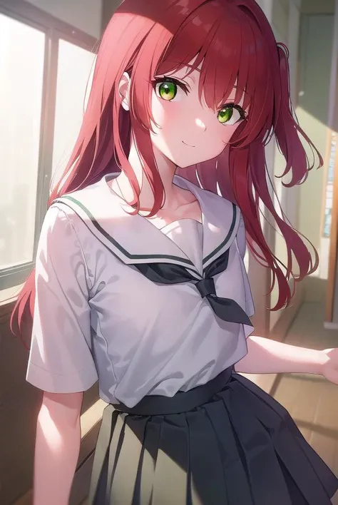 kitaikuyo, <lyco:ikuyokita-lyco-nochekaiser:1>, 
ikuyo kita, (green eyes:1.5), hair between eyes, long hair, one side up, red hair, (flat chest:1.2), smile,
BREAK black footwear, black skirt, grey sailor collar, pleated skirt, sailor collar, school uniform, shoes, short sleeves, shuka high school uniform, skirt,
BREAK indoors, classroom,
BREAK looking at viewer, (cowboy shot:1.5),
BREAK <lyco:GoodHands-beta2:1>, (masterpiece:1.2), best quality, high resolution, unity 8k wallpaper, (illustration:0.8), (beautiful detailed eyes:1.6), extremely detailed face, perfect lighting, extremely detailed CG, (perfect hands, perfect anatomy),