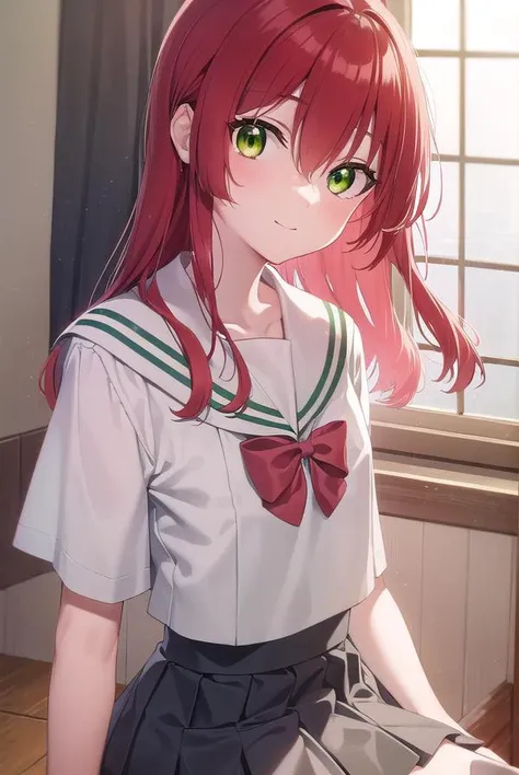 kitaikuyo, <lyco:ikuyokita-lyco-nochekaiser:1>, 
ikuyo kita, (green eyes:1.5), hair between eyes, long hair, one side up, red hair, (flat chest:1.2), smile,
BREAK black footwear, black skirt, grey sailor collar, pleated skirt, sailor collar, school uniform, shoes, short sleeves, shuka high school uniform, skirt,
BREAK indoors, classroom,
BREAK looking at viewer, (cowboy shot:1.5),
BREAK <lyco:GoodHands-beta2:1>, (masterpiece:1.2), best quality, high resolution, unity 8k wallpaper, (illustration:0.8), (beautiful detailed eyes:1.6), extremely detailed face, perfect lighting, extremely detailed CG, (perfect hands, perfect anatomy),