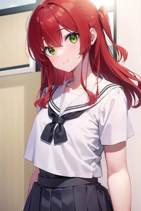 kitaikuyo, <lyco:ikuyokita-lyco-nochekaiser:1>, 
ikuyo kita, (green eyes:1.5), hair between eyes, long hair, one side up, red hair, (flat chest:1.2), smile,
BREAK black footwear, black skirt, grey sailor collar, pleated skirt, sailor collar, school uniform, shoes, short sleeves, shuka high school uniform, skirt,
BREAK indoors, classroom,
BREAK looking at viewer, (cowboy shot:1.5),
BREAK <lyco:GoodHands-beta2:1>, (masterpiece:1.2), best quality, high resolution, unity 8k wallpaper, (illustration:0.8), (beautiful detailed eyes:1.6), extremely detailed face, perfect lighting, extremely detailed CG, (perfect hands, perfect anatomy),