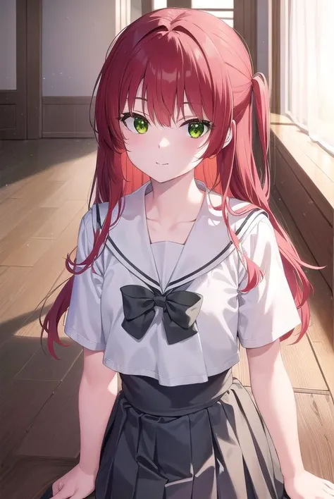 kitaikuyo, <lyco:ikuyokita-lyco-nochekaiser:1>, 
ikuyo kita, (green eyes:1.5), hair between eyes, long hair, one side up, red hair, (flat chest:1.2), smile,
BREAK black footwear, black skirt, grey sailor collar, pleated skirt, sailor collar, school uniform, shoes, short sleeves, shuka high school uniform, skirt,
BREAK indoors, classroom,
BREAK looking at viewer, (cowboy shot:1.5),
BREAK <lyco:GoodHands-beta2:1>, (masterpiece:1.2), best quality, high resolution, unity 8k wallpaper, (illustration:0.8), (beautiful detailed eyes:1.6), extremely detailed face, perfect lighting, extremely detailed CG, (perfect hands, perfect anatomy),