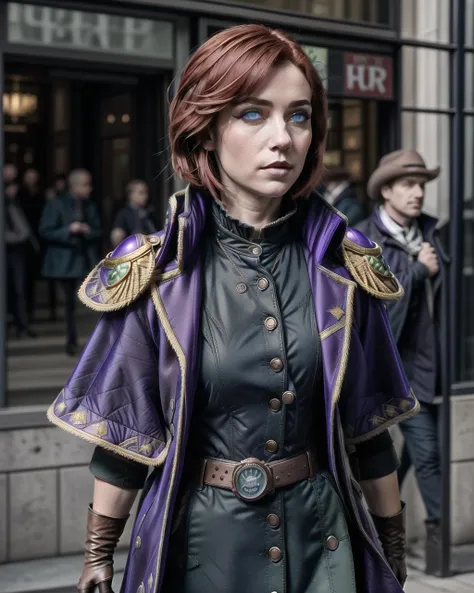 masterpiece, best quality, colorful, detailed, intricated, rysina, red hair, medium shot, green military dress, unbuttoned, walking, cowboy shot, purple military coat, black gloves, 1girl, frontal view, bob haircut, blue eyes, <lora:rysina-000012:0.7>, <lora:add_detail:0.75>