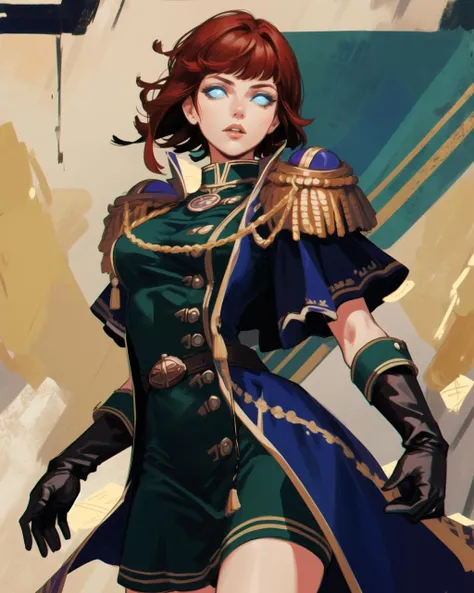 masterpiece, best quality, rysina, 1girl, (dynamic shot, dynamic pose), abstract background, cowboy shot, short hair, red hair, glowing blue eyes, green military dress, unbuttoned short sleeve black military coat with golden frills, golden epolets, long black gloves, golden trouser stripes, <lora:rysina-v2-000016:0.8>, <lora:add_detail:0.5>