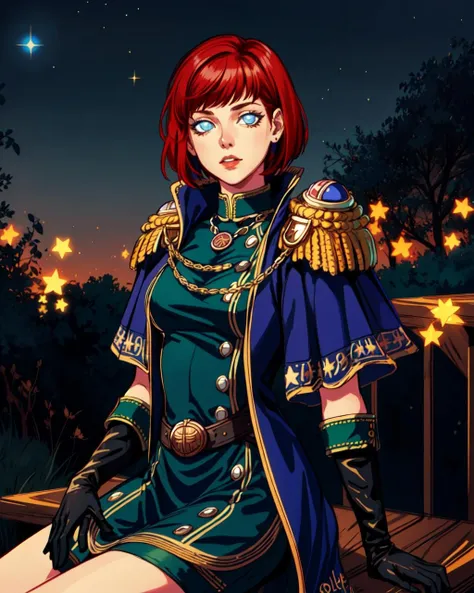 masterpiece, best quality, rysina, 1girl, sitting, park, night, looking at viewer, night sky, trees, intricated, cowboy shot, short hair, red hair, glowing blue eyes, green military dress, unbuttoned short sleeve black military coat with golden frills, golden epolets, long black gloves, golden trouser stripes, <lora:rysina-v2-000016:0.85>, <lora:add_detail:0.5>