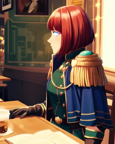 masterpiece, best quality, rysina, 1girl, side view, cafe, table, medium shot, chair, sitting on chair, cup, bored, short hair, red hair, glowing blue eyes, green military dress, unbuttoned short sleeve black military coat with golden frills, golden epolets, long black gloves, golden trouser stripes, <lora:rysina-v2-000016:0.75>, <lora:add_detail:0.5>