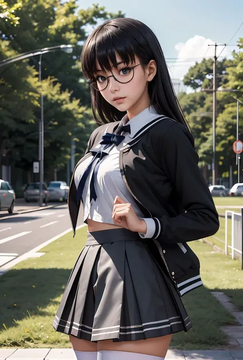(masterpiece, best quality), 1girl, <lora:sumiyakana-nvwls-v1:0.8> sumiyakana, glasses, school uniform, serafuku, cropped jacket, ribbon, grey skirt, black thighhighs