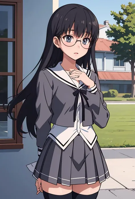 (masterpiece, best quality), 1girl,    <lora:sumiyakana-nvwls-v1:0.8> sumiyakana, glasses, school uniform, serafuku, cropped jacket, ribbon, grey skirt, black thighhighs