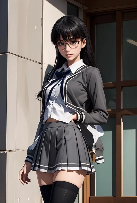 (masterpiece, best quality), 1girl,    <lora:sumiyakana-nvwls-v1:0.8> sumiyakana, glasses, school uniform, serafuku, cropped jacket, ribbon, grey skirt, black thighhighs