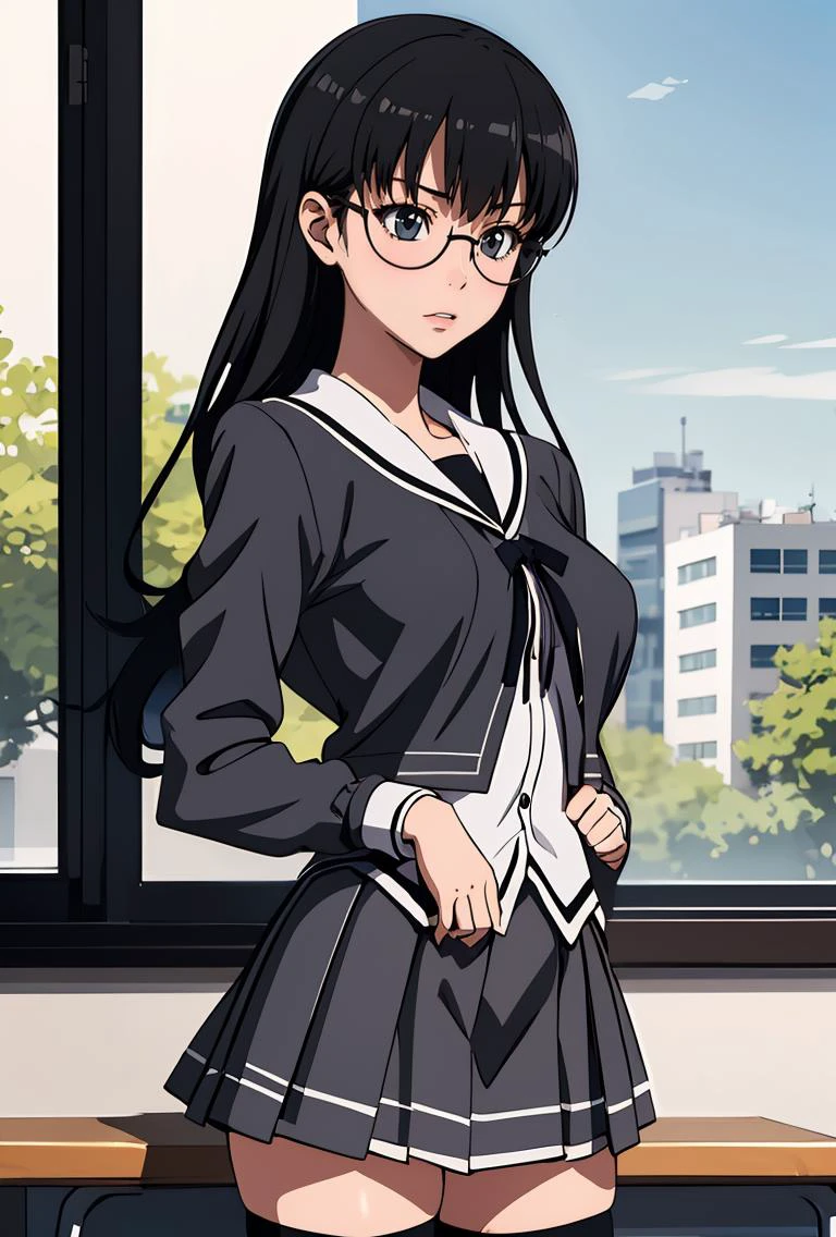 (masterpiece, best quality), 1girl, <lora:sumiyakana-nvwls-v1:0.8> sumiyakana, glasses, school uniform, serafuku, cropped jacket, ribbon, grey skirt, black thighhighs