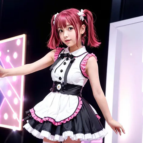 best quality, ultra high res, 1girl, solo focus,twin tails,pink hair, ((white mini see through dress)), elbow dress, black thighhighs, frills, ribbons, studio background,floating hair, looking at viewer, facing front,