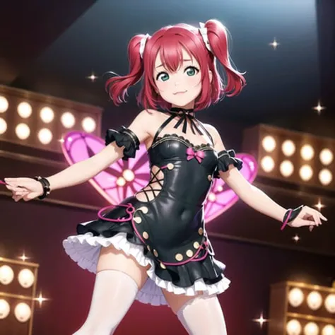 best quality, ultra high res, 1girl, solo focus, ((mini see through dress)), elbow dress, black thighhighs, frills, ribbons, studio background,floating hair, looking at viewer, facing front,