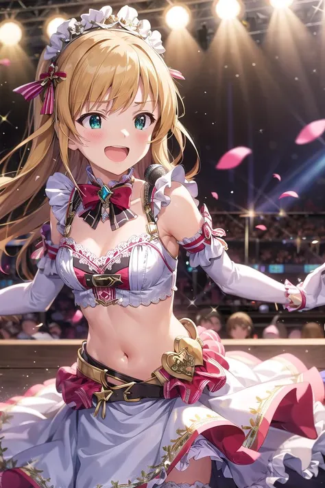 <lyco:Colorful_MLTD_bg-000020:1.0>, MLTD bg style, (best quality, 8K, masterpiece, HDR, ultra detailed:1.2), cinematic angle, (light particles, sparkle), lens flare, depth of field, bokeh,
1girl, white gloves, open mouth, microphone, short puffy sleeves, glowstick, smile, petals, maid headdress, frills, blush, solo, stage, white thighhighs, belt, hair bow, hair ribbon, medium breasts, idol, upper teeth only, looking away, aqua bow, frilled skirt, hair ornament, frilled dress, audience, solo focus, concert, zettai ryouiki, spotlight, stage lights, shiny hair, looking afar, buckle, belt buckle, elbow gloves, wing collar, jewelry, petticoat, navel,