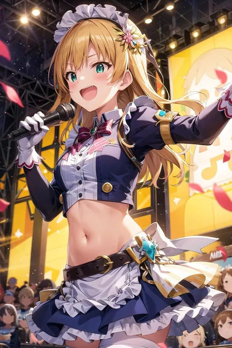 <lyco:Colorful_MLTD_bg-000020:1.0>, MLTD bg style, (best quality, 8K, masterpiece, HDR, ultra detailed:1.2), cinematic angle, (light particles, sparkle), lens flare, depth of field, bokeh,
1girl, white gloves, open mouth, microphone, short puffy sleeves, glowstick, smile, petals, maid headdress, frills, blush, solo, stage, white thighhighs, belt, hair bow, hair ribbon, medium breasts, idol, upper teeth only, looking away, aqua bow, frilled skirt, hair ornament, frilled dress, audience, solo focus, concert, zettai ryouiki, spotlight, stage lights, shiny hair, looking afar, buckle, belt buckle, elbow gloves, wing collar, jewelry, petticoat, navel,