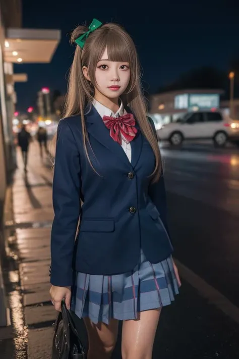 ultra-detailed,highly detailed,best quality,masterpiece,illustration,
minami kotori, 1girl, long hair, solo,school uniform, blunt bangs, blazer, winter uniform, otonokizaka school uniform, long sleeves, bowtie, cosplay,hair ribbon, striped bowtie, collared shirt, depth of field, very long hair, wing collar, buttons,cityscape,rain, night, city lights, cowboy shot, wet ground,
<lora:minami kotori_v1_03:0.6>