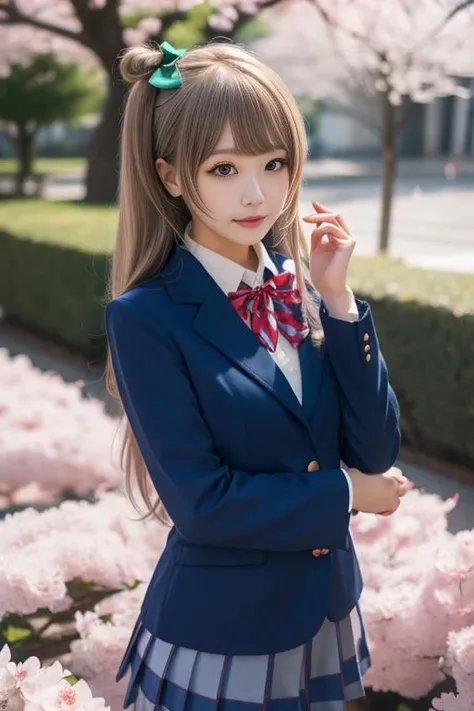 ultra-detailed,highly detailed,best quality,masterpiece,illustration,
minami kotori, 1girl, long hair, solo,school uniform, blunt bangs, blazer, winter uniform, otonokizaka school uniform, long sleeves, bowtie, cosplay,hair ribbon, striped bowtie, collared shirt, depth of field, very long hair, wing collar, buttons,cityscape,flower field, cherry blossoms, falling petals, petals, wind,
<lora:minami kotori_v1_03:0.6>
