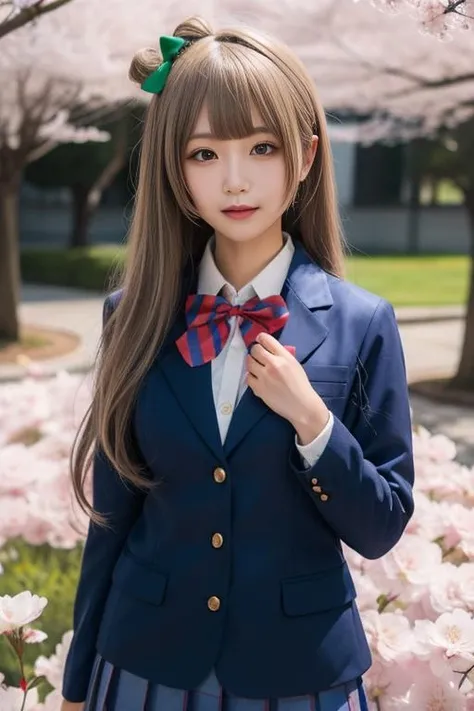 ultra-detailed,highly detailed,best quality,masterpiece,illustration,
minami kotori, 1girl, long hair, solo,school uniform, blunt bangs, blazer, winter uniform, otonokizaka school uniform, long sleeves, bowtie, cosplay,hair ribbon, striped bowtie, collared shirt, depth of field, very long hair, wing collar, buttons,cityscape,flower field, cherry blossoms, falling petals, petals, wind,
<lora:minami kotori_v1_03:0.6>