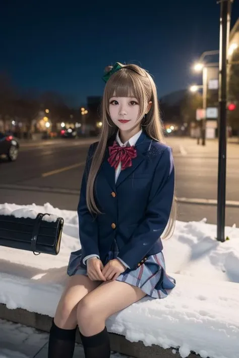 ultra-detailed,highly detailed,best quality,masterpiece,illustration,
minami kotori, 1girl, long hair, solo,school uniform, blunt bangs, blazer, winter uniform, otonokizaka school uniform, long sleeves, bowtie, cosplay,hair ribbon, striped bowtie, collared shirt, depth of field, very long hair, wing collar, buttons,full body, bus stop,snow,christmas, night, city lights, sitting on bench,
<lora:minami kotori_v1_03:0.6>