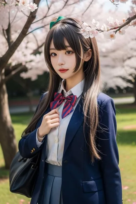 ultra-detailed,highly detailed,best quality,masterpiece,illustration,
minami kotori, 1girl, long hair, solo,school uniform, blunt bangs, blazer, winter uniform, otonokizaka school uniform, long sleeves, bowtie, cosplay,hair ribbon, striped bowtie, collared shirt, depth of field, very long hair, wing collar, buttons,cityscape,flower field, cherry blossoms, falling petals, petals, wind,
<lora:minami kotori_v1_03:0.6>