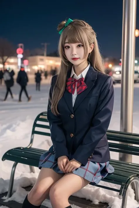 ultra-detailed,highly detailed,best quality,masterpiece,illustration,
minami kotori, 1girl, long hair, solo,school uniform, blunt bangs, blazer, winter uniform, otonokizaka school uniform, long sleeves, bowtie, cosplay,hair ribbon, striped bowtie, collared shirt, depth of field, very long hair, wing collar, buttons,full body, bus stop,snow,christmas, night, city lights, sitting on bench,
<lora:minami kotori_v1_03:0.6>