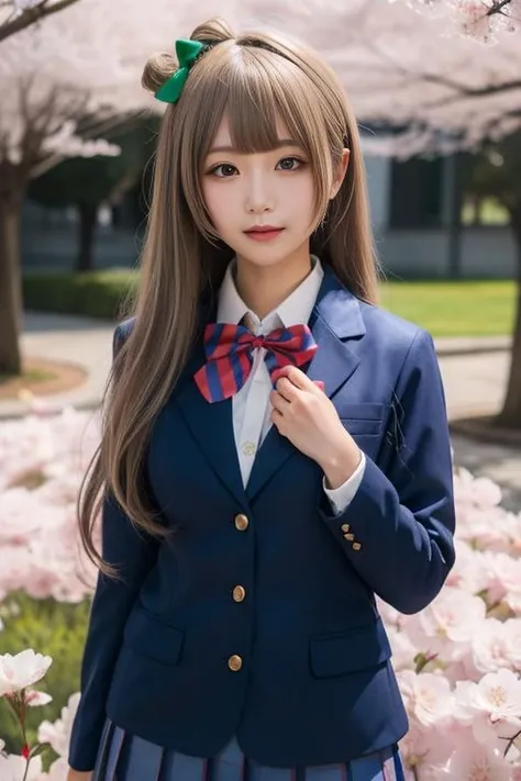 ultra-detailed,highly detailed,best quality,masterpiece,illustration,
minami kotori, 1girl, long hair, solo,school uniform, blunt bangs, blazer, winter uniform, otonokizaka school uniform, long sleeves, bowtie, cosplay,hair ribbon, striped bowtie, collared shirt, depth of field, very long hair, wing collar, buttons,cityscape,flower field, cherry blossoms, falling petals, petals, wind,
<lora:minami kotori_v1_03:0.6>
