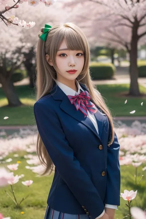 ultra-detailed,highly detailed,best quality,masterpiece,illustration,
minami kotori, 1girl, long hair, solo,school uniform, blunt bangs, blazer, winter uniform, otonokizaka school uniform, long sleeves, bowtie, cosplay,hair ribbon, striped bowtie, collared shirt, depth of field, very long hair, wing collar, buttons,cityscape,flower field, cherry blossoms, falling petals, petals, wind,
<lora:minami kotori_v1_03:0.6>