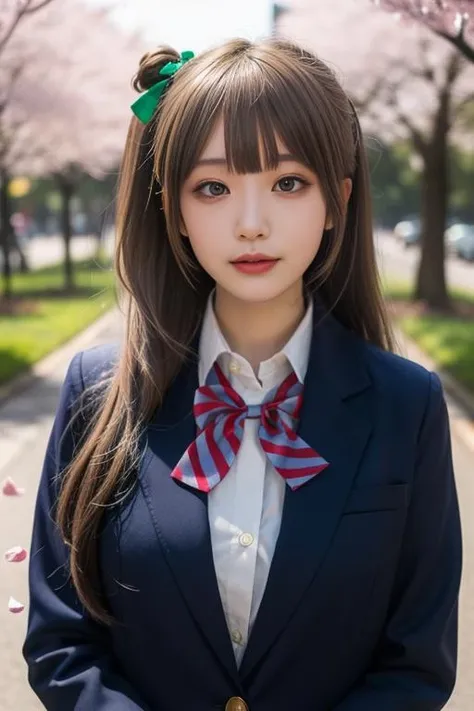 ultra-detailed,highly detailed,best quality,masterpiece,illustration,
minami kotori, 1girl, long hair, solo,school uniform, blunt bangs, blazer, winter uniform, otonokizaka school uniform, long sleeves, bowtie, cosplay,hair ribbon, striped bowtie, collared shirt, depth of field, very long hair, wing collar, buttons,cityscape,flower field, cherry blossoms, falling petals, petals, wind,
<lora:minami kotori_v1_03:0.6>