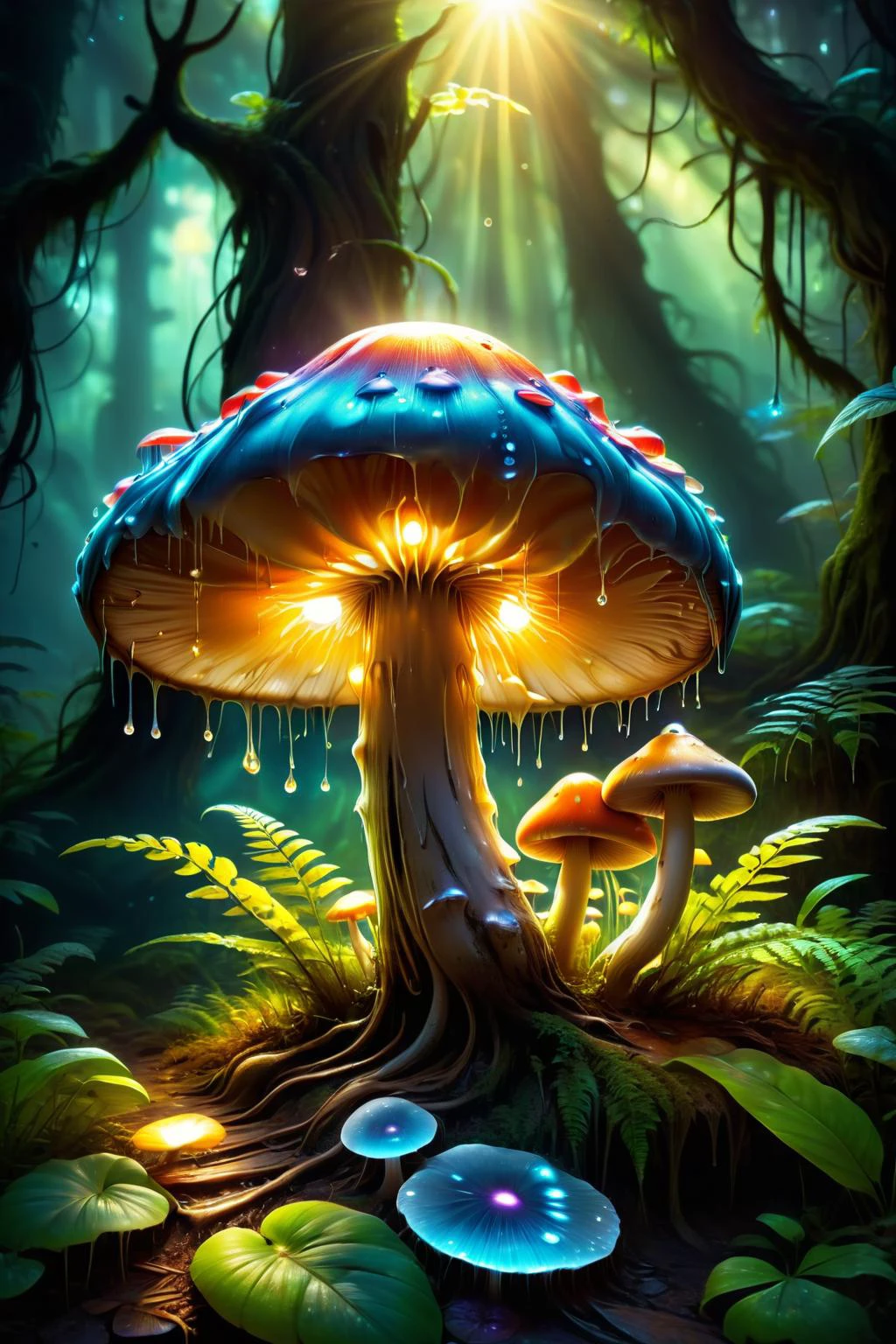 magical forest scene, a mystical phsychedelic mushroom made of ral-melting growing amidst fern, beautiful and highly detailed bioluminescent mushroom covered by dew drops, surrounded by fairy dust glowing colorful in morning sun, birds-eye-view, dim dark light, sun rays shining through dusty forest, early light, digital masterpiece, 4k, hdr, <lora:add-detail-xl:1>, <lora:SDXLFaeTastic2400:0.6>, <lora:- SDXL - letitflrsh_let_it_flourish_V1.0:0.8> letitflrsh, <lora:ral-melting:0.8>