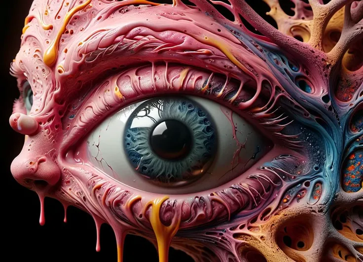 eye ball dimension merging with cosmic universe, wavy massive (watercolor:0.4) objects, ying yang, a (single:1.1) symmetrical to melting eyeball, geometric shapes, wavy tiles, by laurence caruana <lora:Lunar_Surface_SDXL:0.45> <lora:MJ52_XL:0.4> <lora:ral-melting-sdxl:0.6> ral-melting <lora:XL_Fractal_Vines:0.45> covered in fractal vines, subsurface scattering, ultra hd, 4k, high def, Photorealistic, Hyperrealistic, Hyper detailed, analog style, realistic, masterpiece, best quality, ultra realistic, 8k, Intricate, High Detail, film photography, soft lighting, heavy shadow, Ombre scheme of neon pink, neon blue, neon yellow, neon green