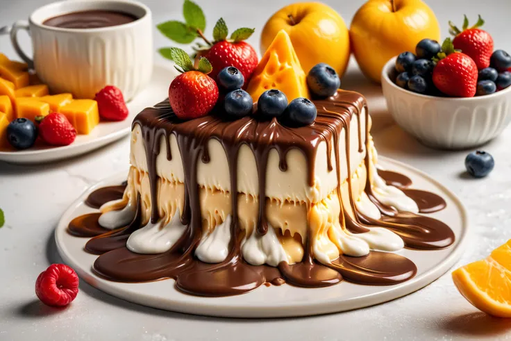 <lora:ral-melting:1> ral-melting, cheese cake with chocolate, whip cream, fruits, <lora:EnvyBetterHiresFixXL01:1>, 8k uhd, dslr, soft lighting, high quality, film grain, Fujifilm XT3, raw, photo_realistic, realistic, (highly detailed skin:1.1), visible pores, subsurface scattering